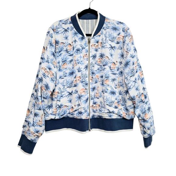 Faherty Reversible Mandalay Bomber Jacket Women’s XL Blue Tan Soft Cotton EUC - Picture 1 of 11